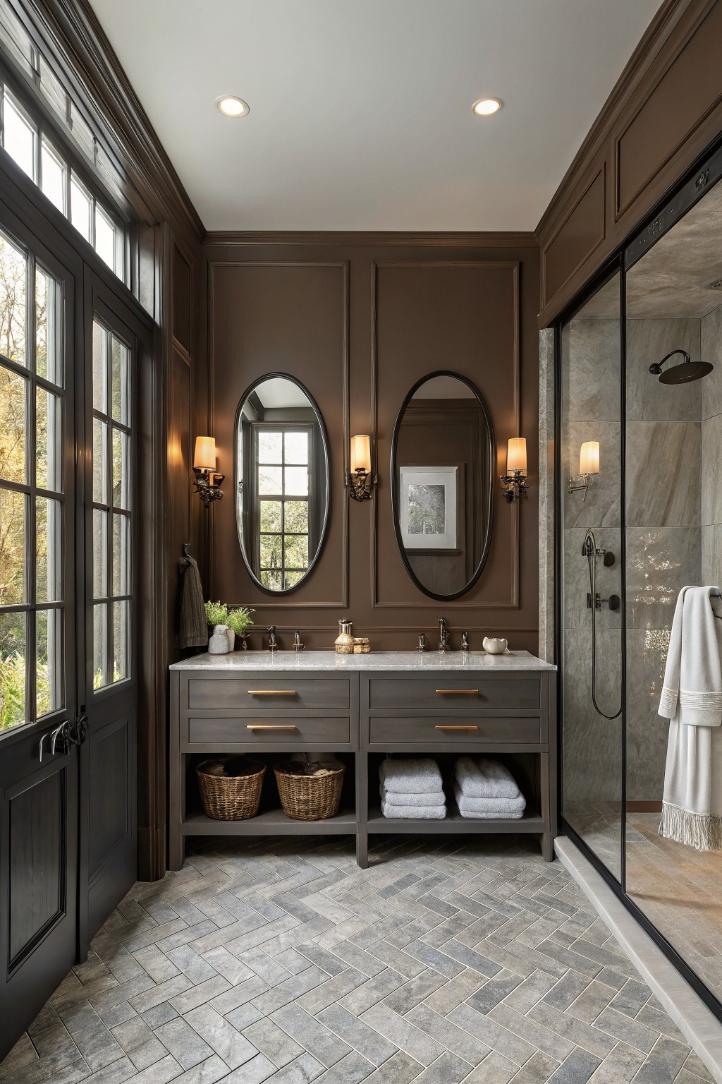 A bathroom featuring warm greige walls with dark wood cabinetry and oval mirrors.