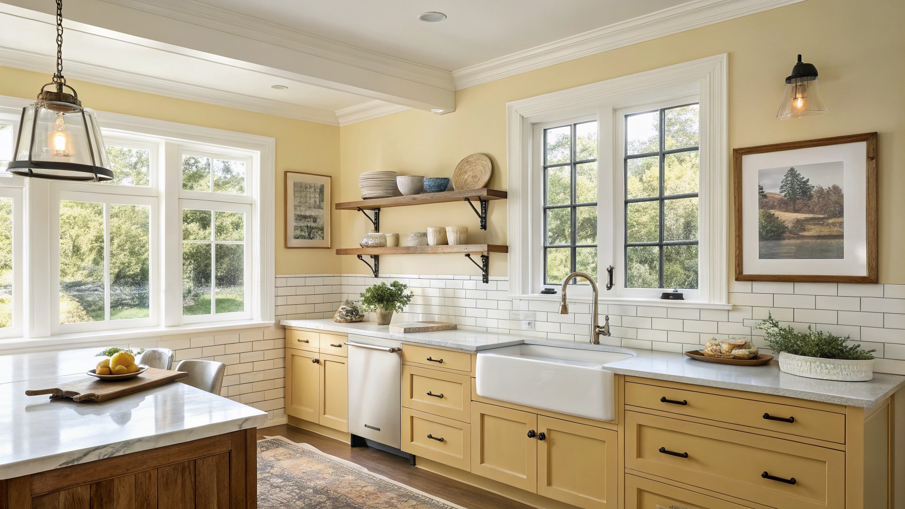A kitchen with soft yellow walls, oak cabinets, and white window trim.