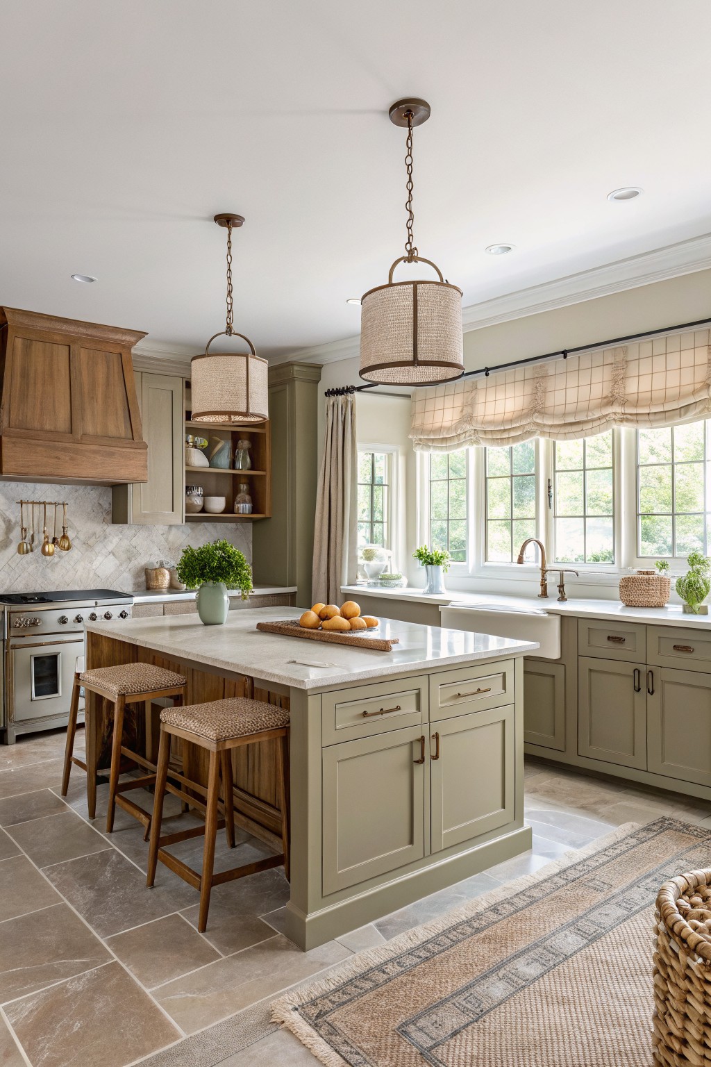 Kitchen island and perimeter cabinets painted in a soft sage green next to oak cabinetry.