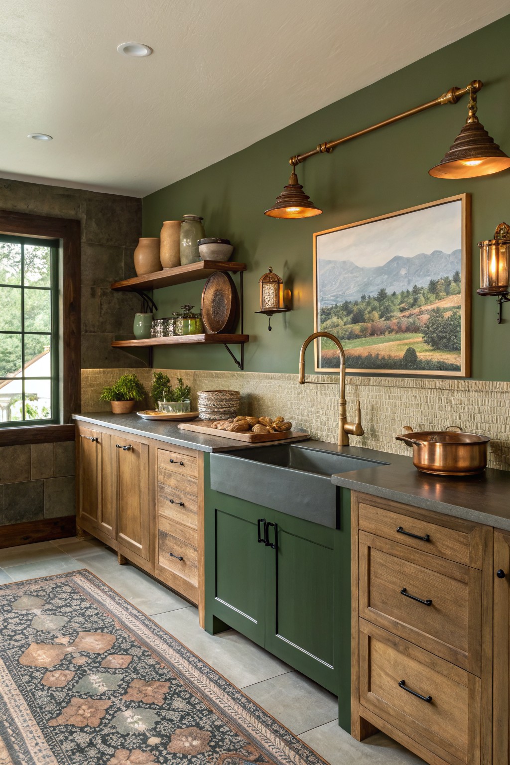 Olive green walls in a kitchen with oak cabinets and a farmhouse sink.