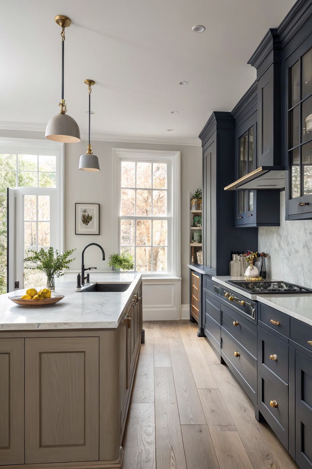 Light greige walls in a kitchen with oak lower cabinets and navy upper cabinets.