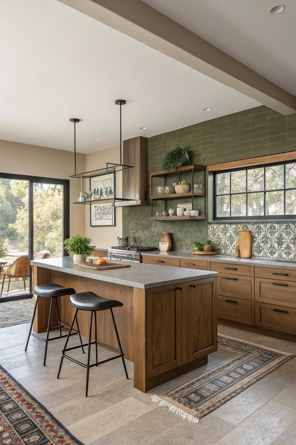 Kitchen with muted olive green walls and backsplash beside oak cabinets.