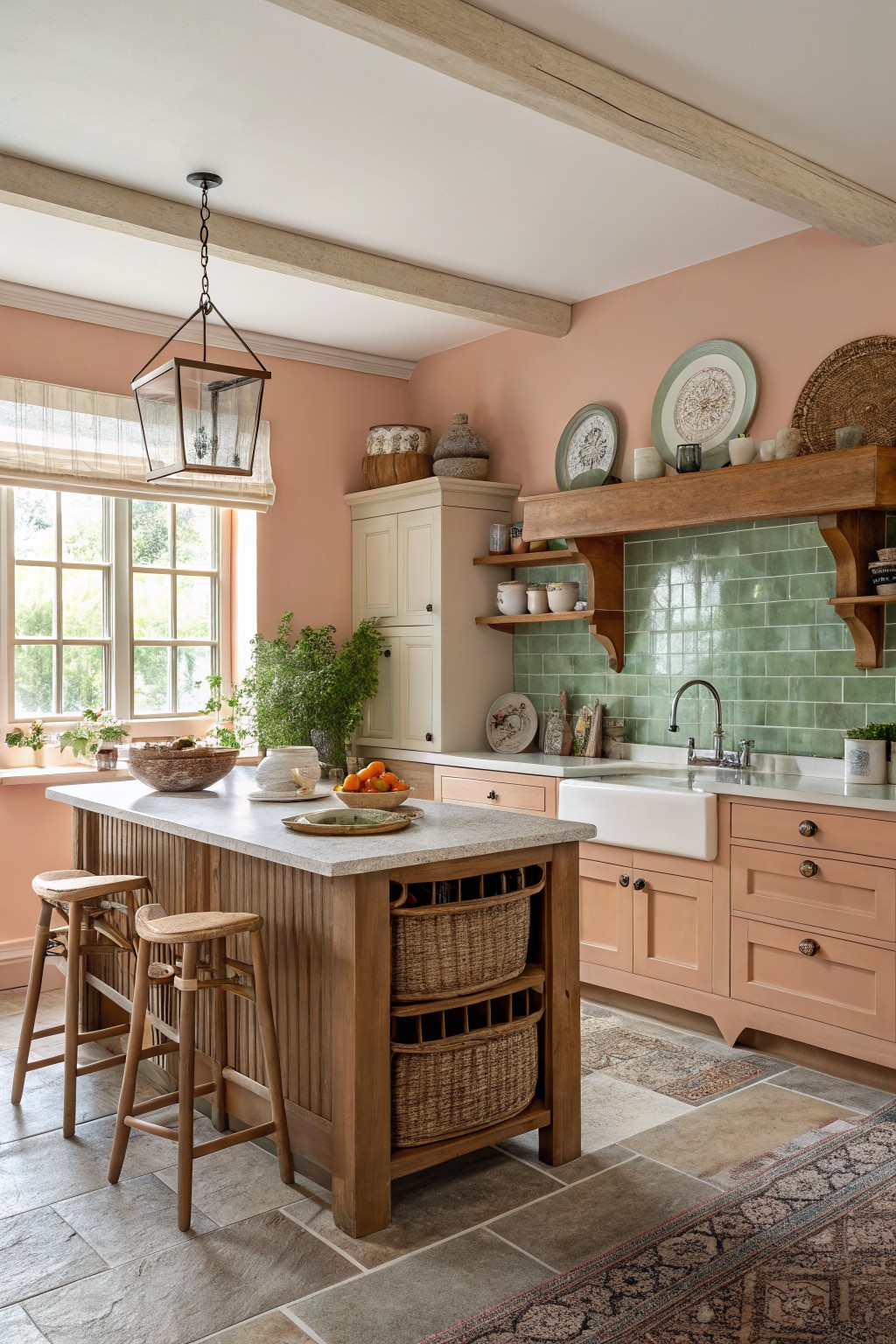 A kitchen with warm peach walls and oak cabinetry.
