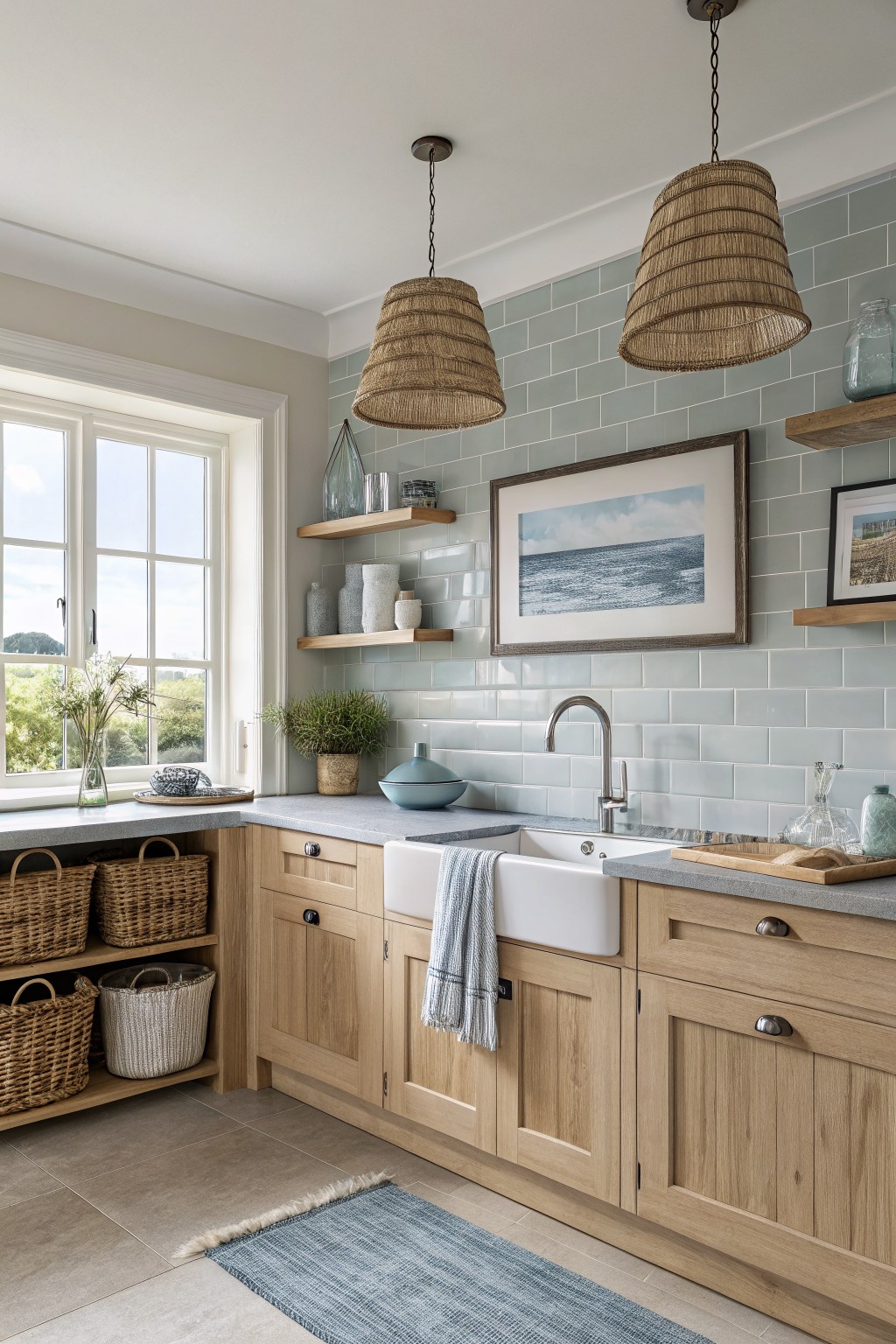 A kitchen with soft sage green walls and oak cabinets around a white farmhouse sink.