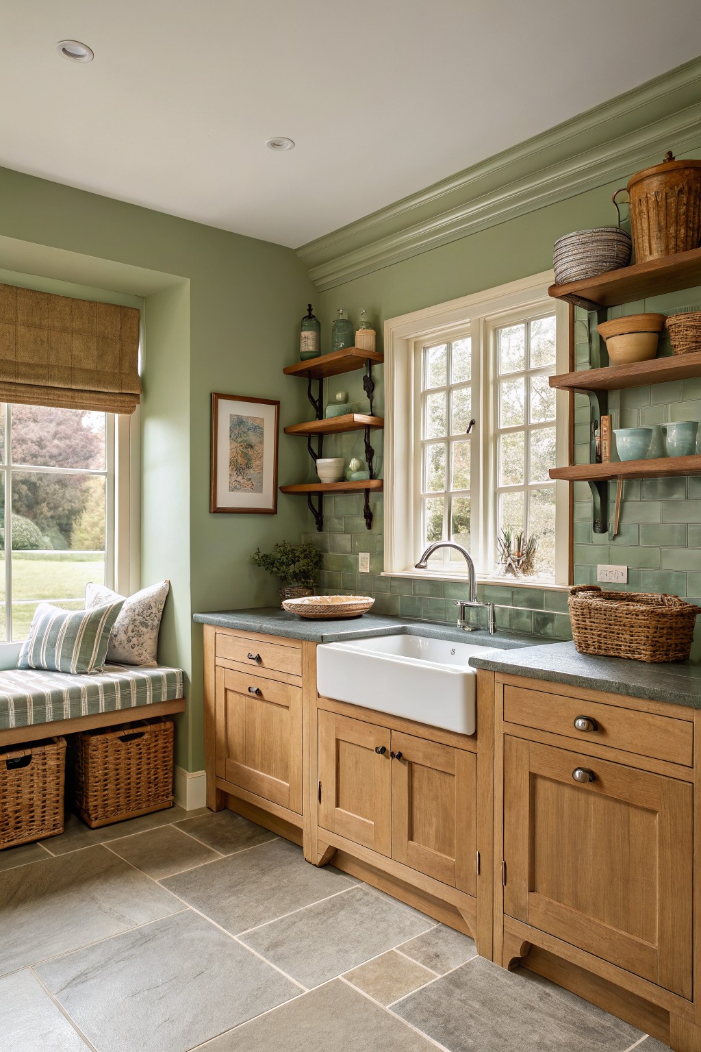 A kitchen with soft sage green walls and oak cabinets around a white farmhouse sink.