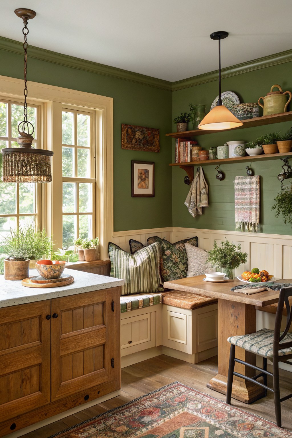 A kitchen with muted sage green walls and oak cabinets.