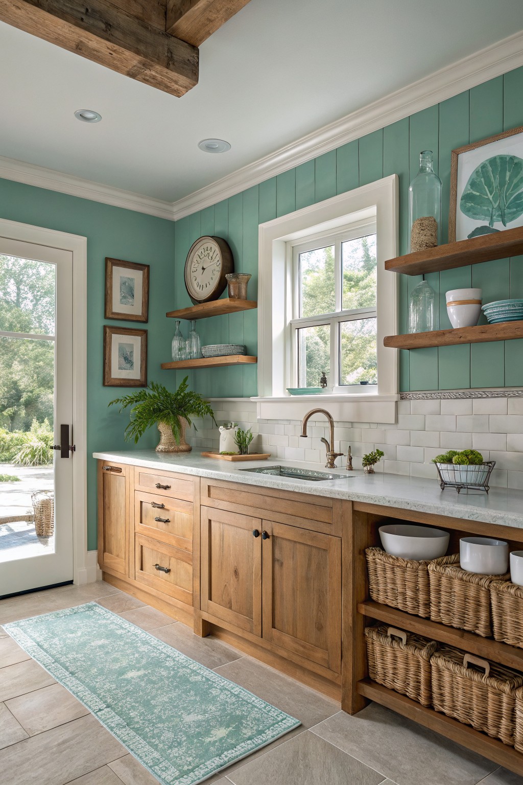 Kitchen walls painted in a soft teal green with oak cabinets below.