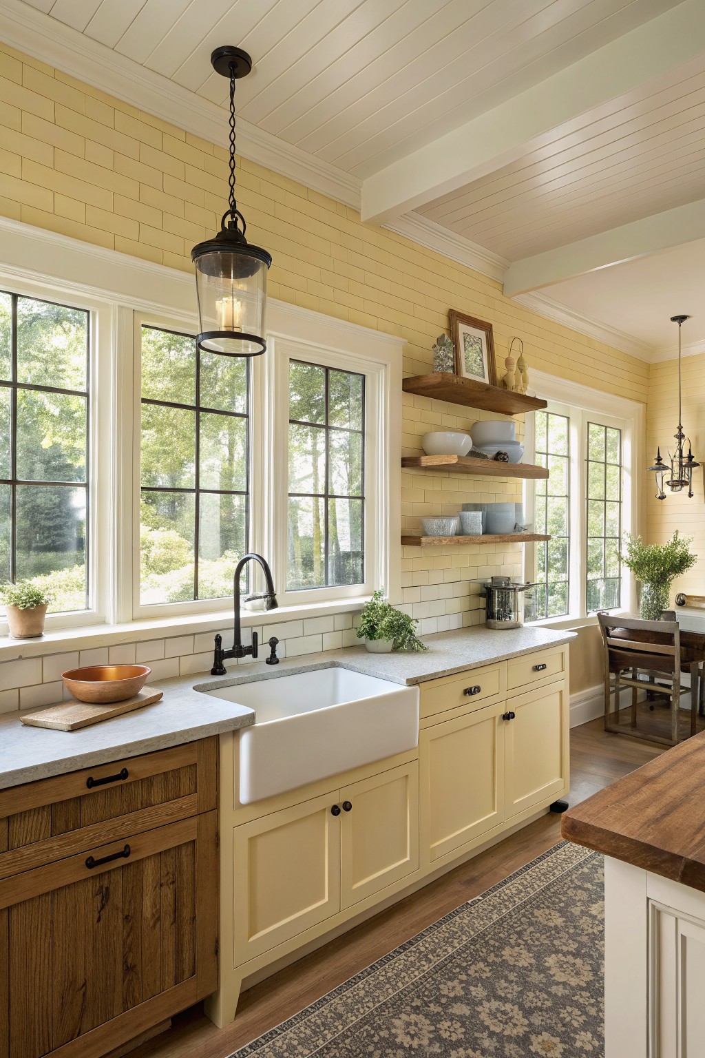 A kitchen with soft yellow walls, oak cabinets, and white window trim.
