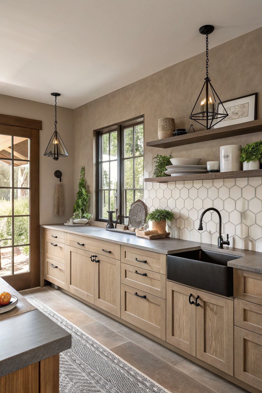 Kitchen with warm greige walls and light oak cabinets.