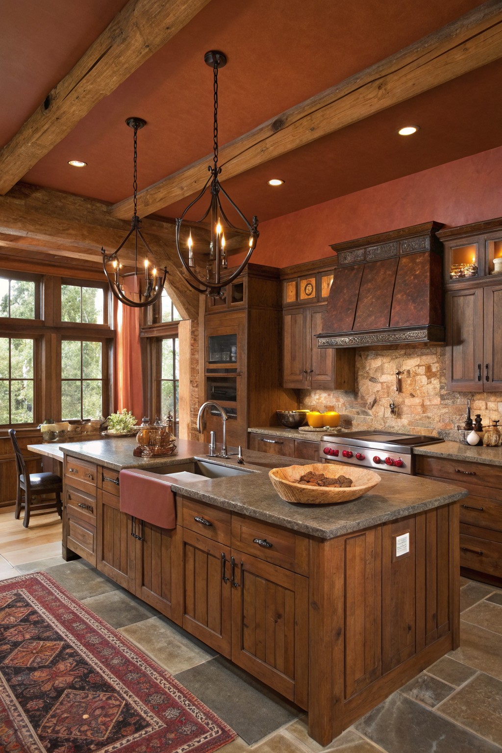 A kitchen with warm terracotta walls and dark wood cabinets.