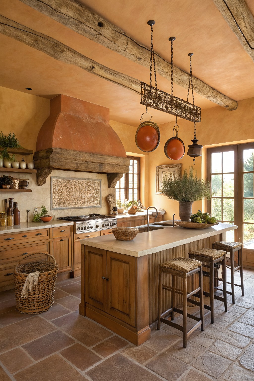 A kitchen with warm terracotta walls and oak cabinets.