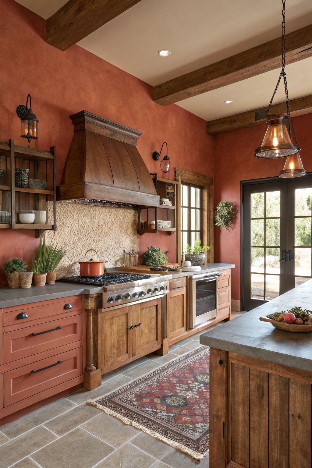 Terracotta walls in a kitchen with oak cabinets and a wooden range hood.