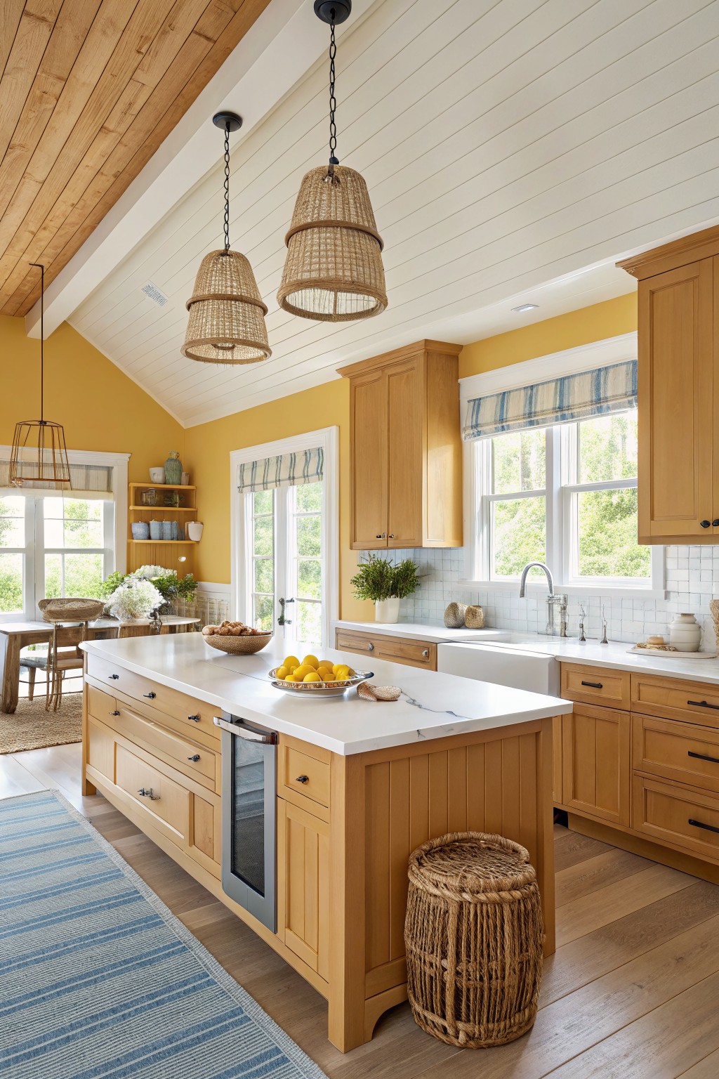 Kitchen walls painted in a warm yellow beside oak cabinets.