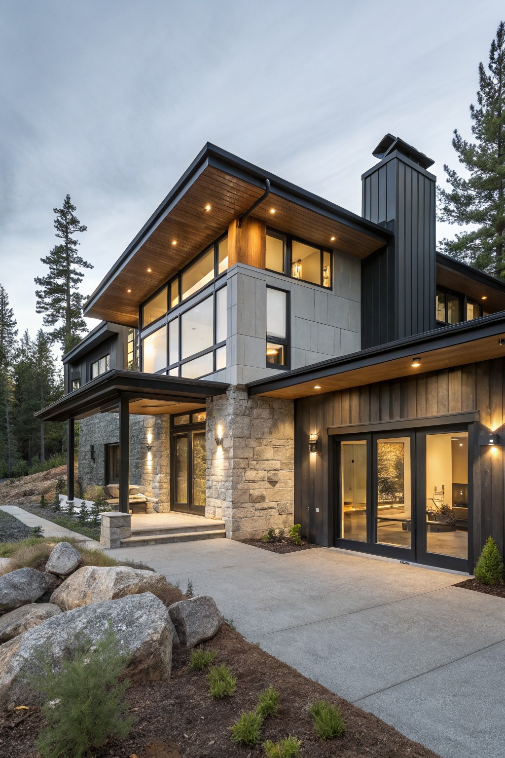 Modern house exterior with dark charcoal siding and wood trim.
