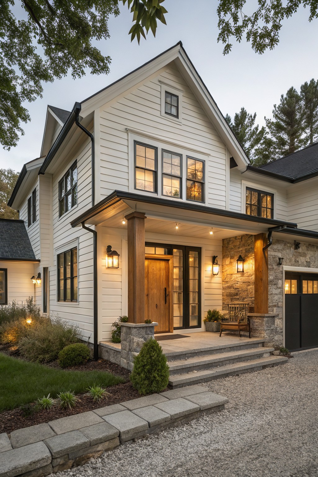 White painted siding on a house exterior with black window trim.