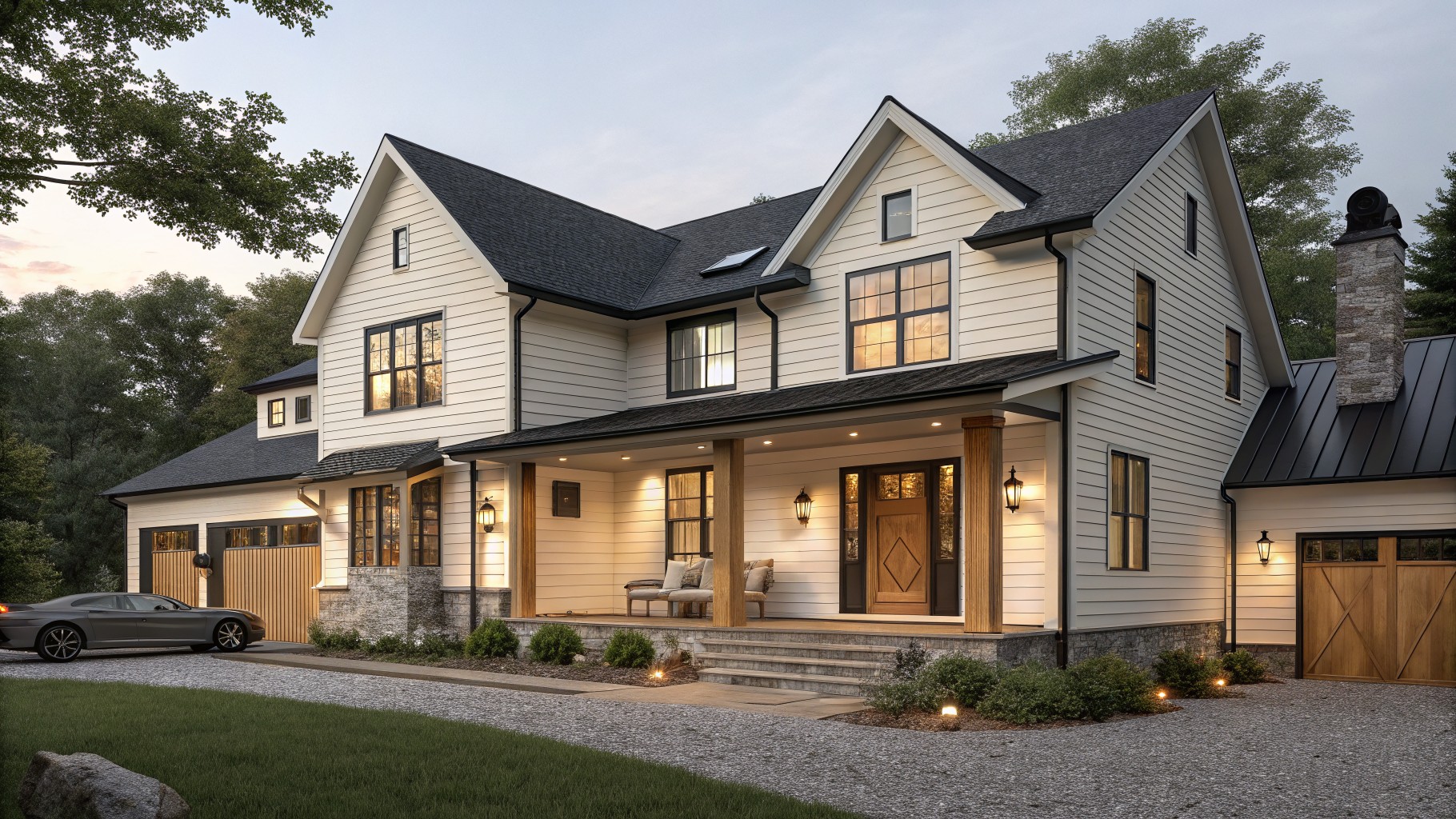 White painted siding on a house exterior with black window trim.