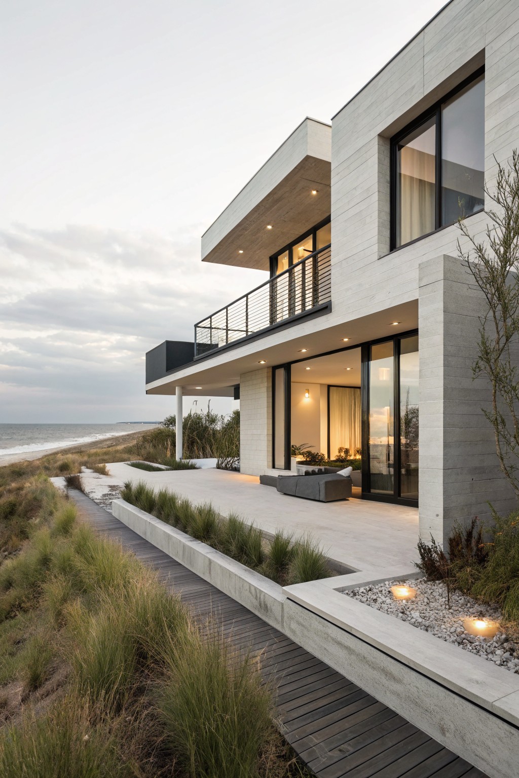 Modern house exterior with light gray concrete siding, black window frames, and a dark wood deck.