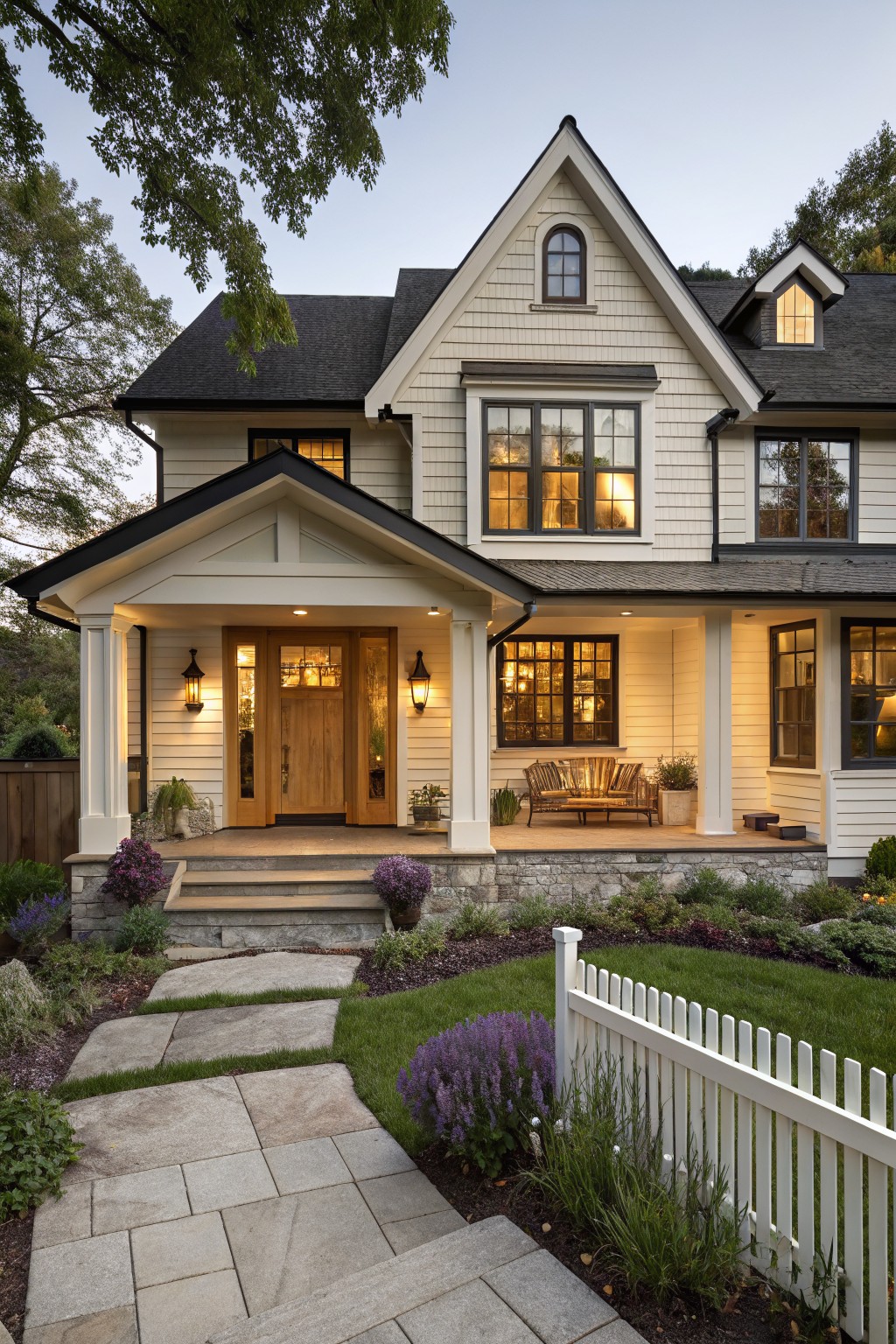 A house with soft white siding, black trim, and a wooden front door.