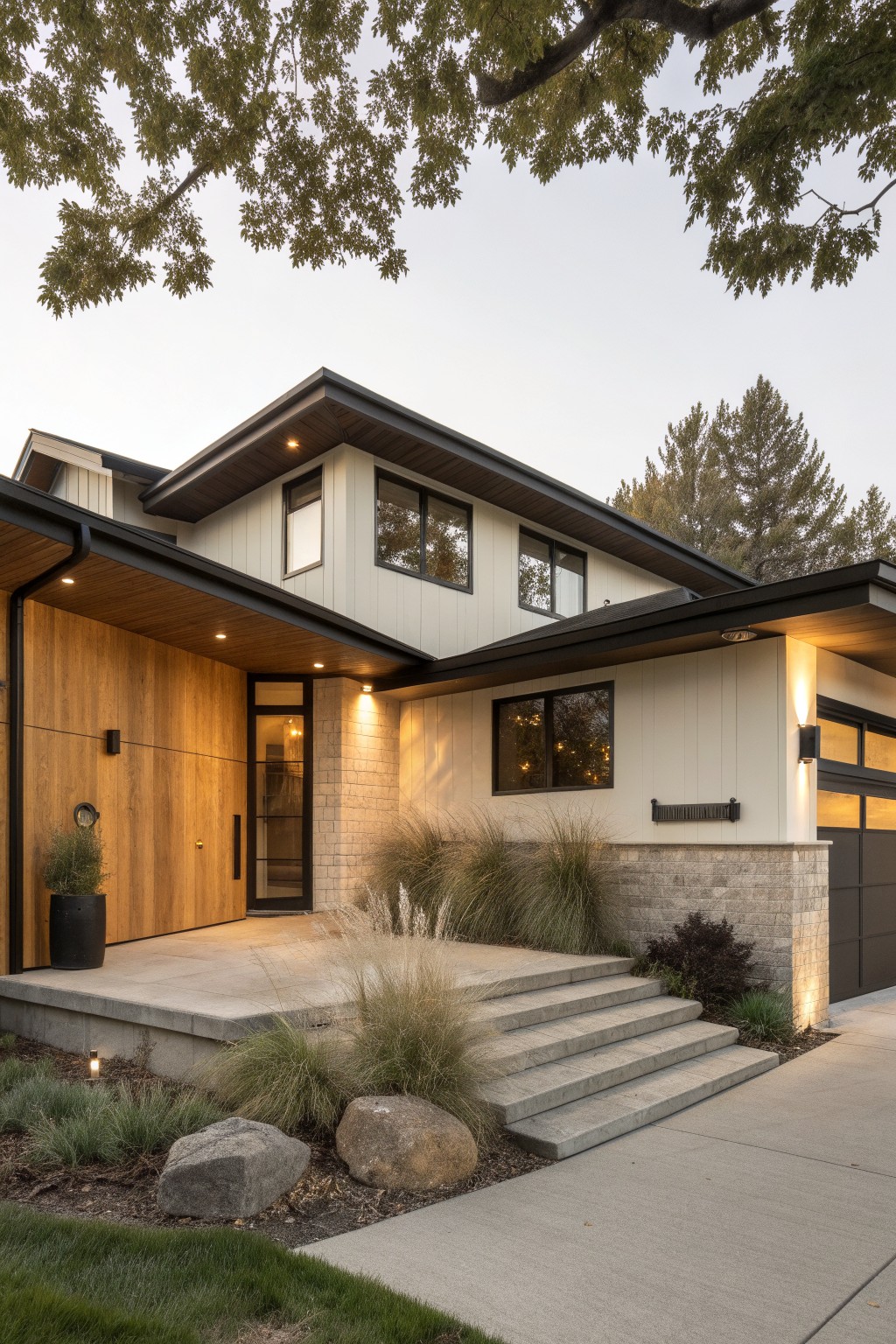 A modern house with warm white siding next to wood and dark trim.