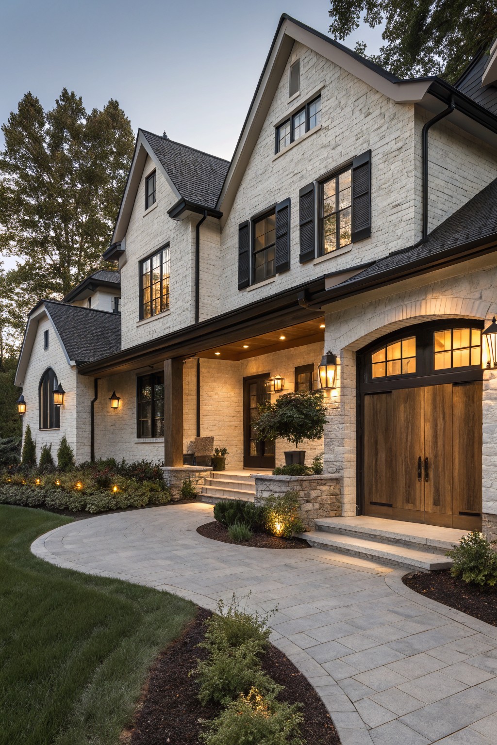 Warm white stone siding on a modern house exterior with wood doors and dark trim.