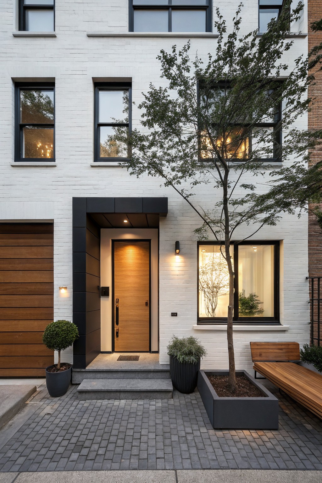 White painted brick exterior with black window frames and wood accents.