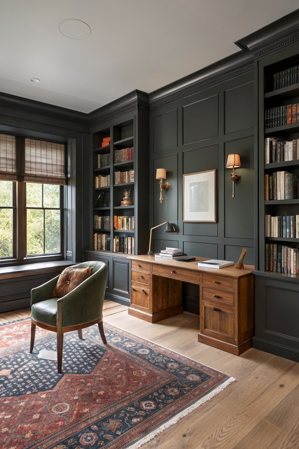 Dark green home office with wooden desk, built-in bookshelves, green armchair, and Persian rug.