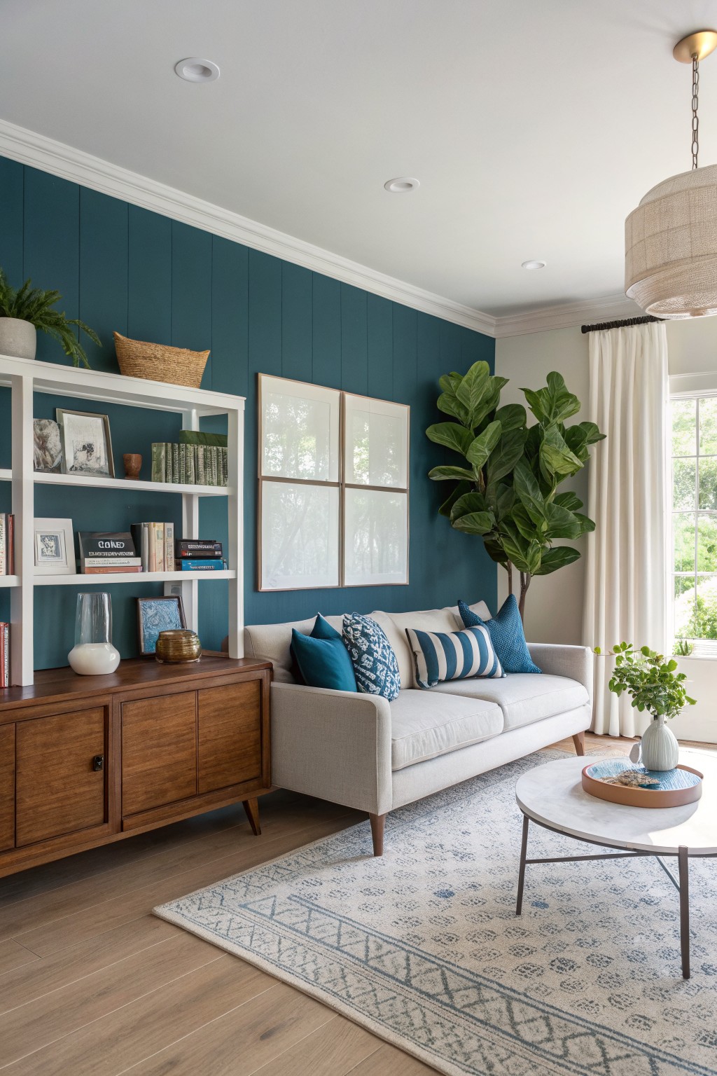 A living room with deep teal walls and light wood floors.