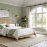 Serene bedroom with woven headboard, white bedding, sage walls, and arched windows.
