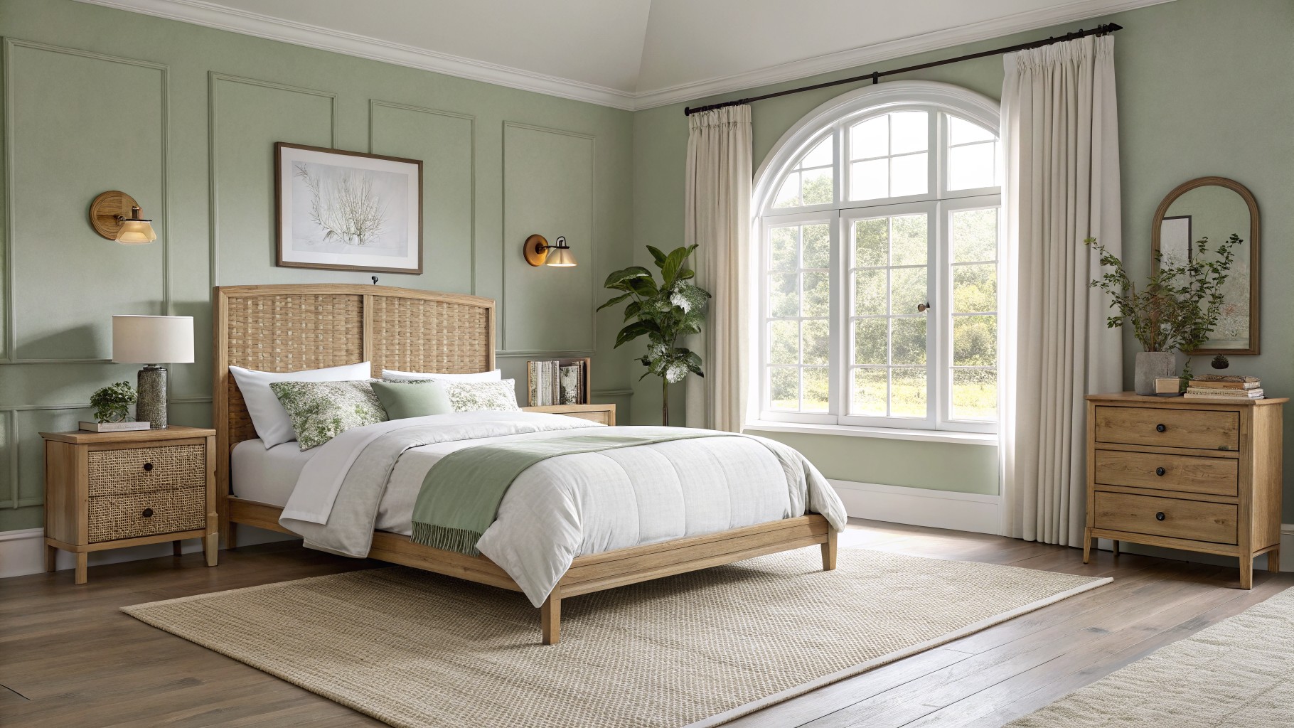 Serene bedroom with woven headboard, white bedding, sage walls, and arched windows.