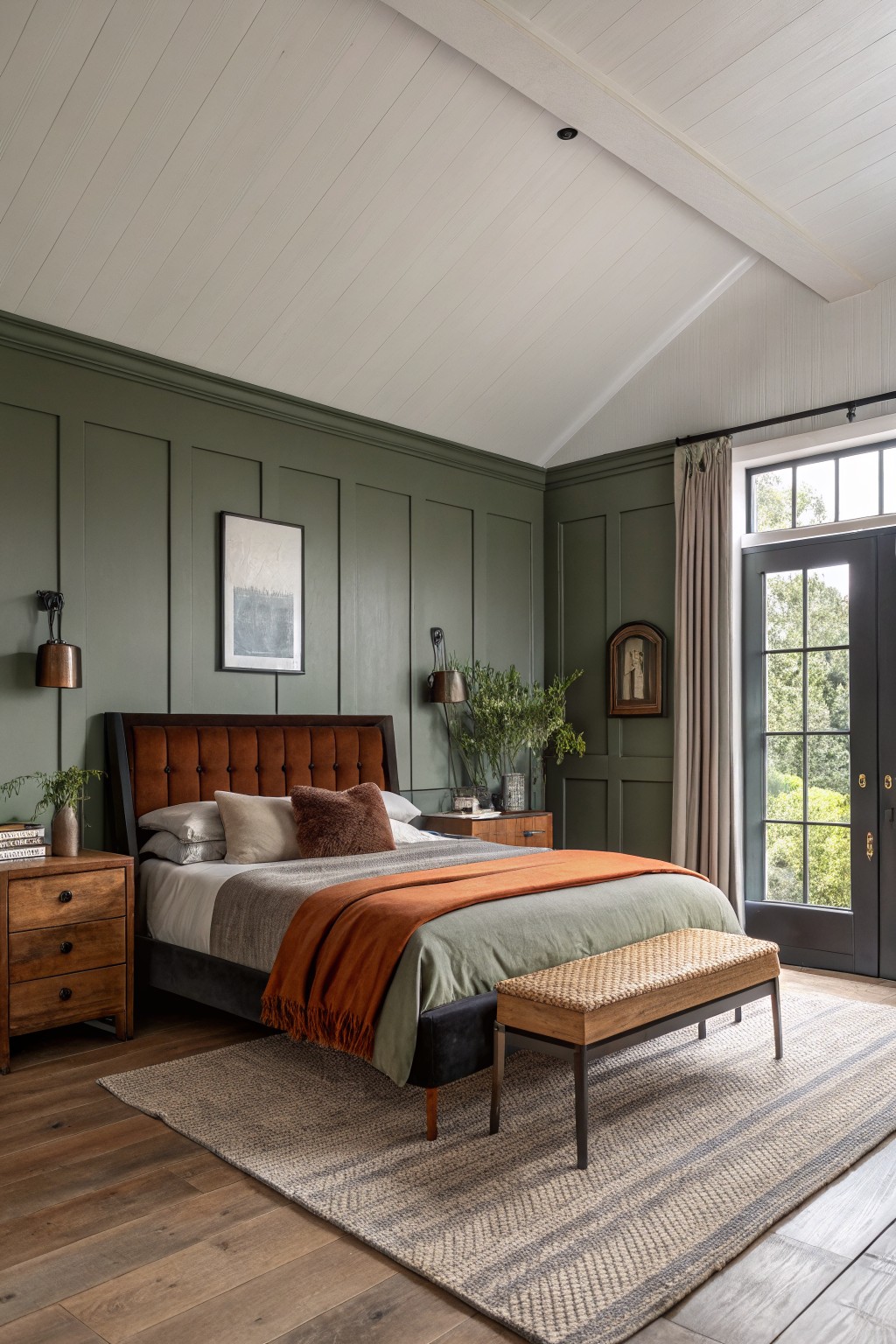 A bedroom with muted sage green walls and light wood floors.