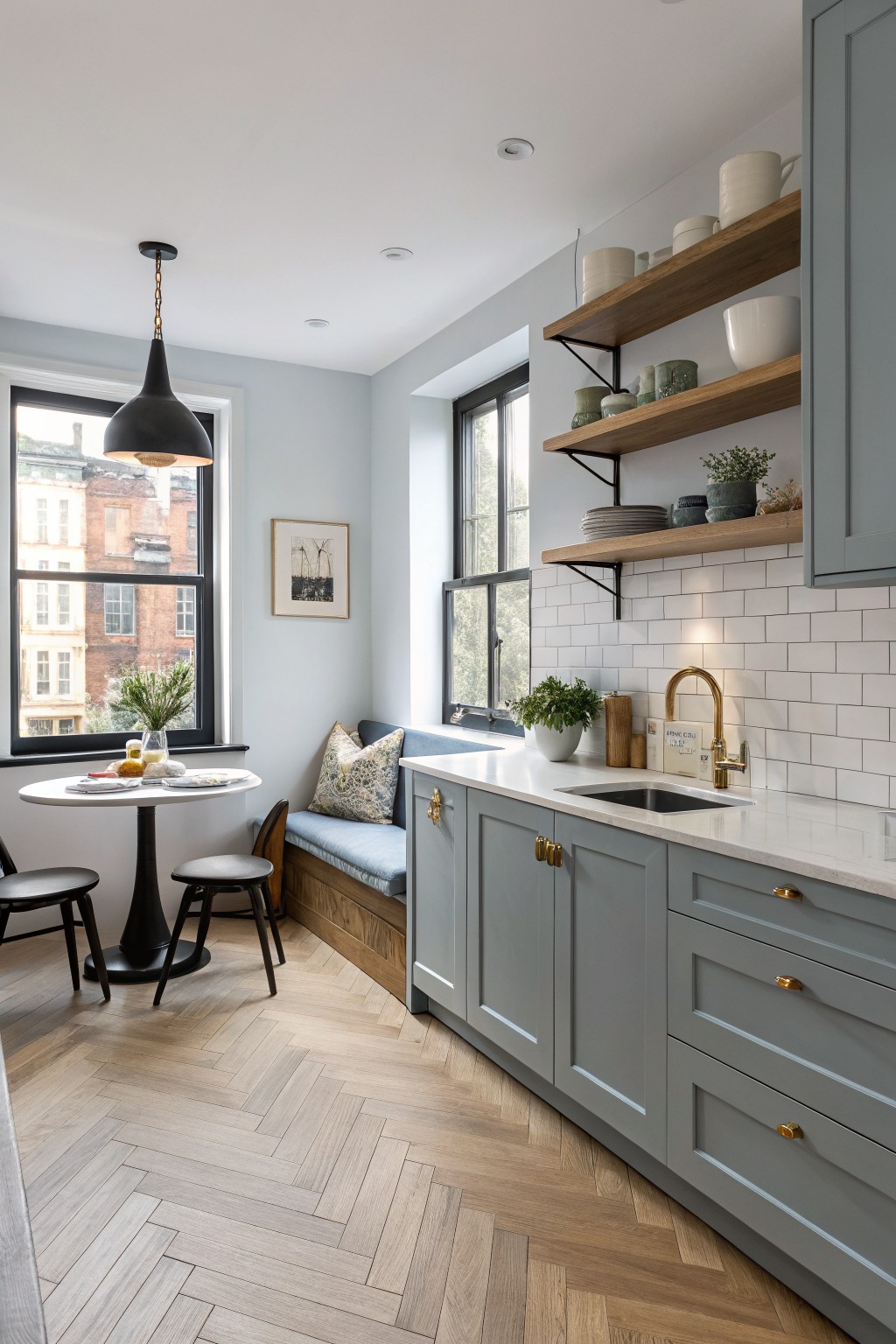 Soft blue gray walls and cabinets in a kitchen with light wood floors.