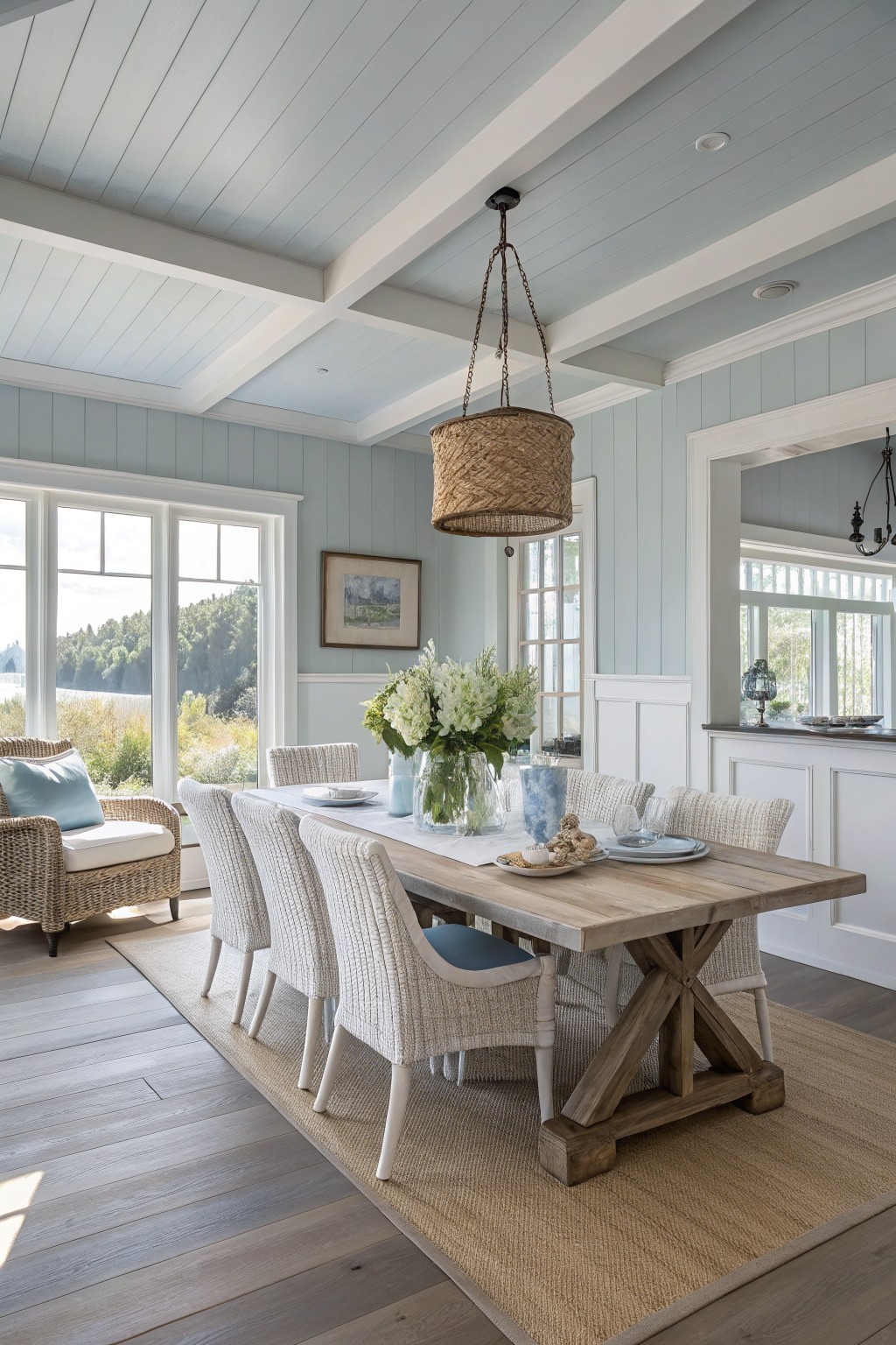 Light blue gray walls with white trim in a room with light wood floors.