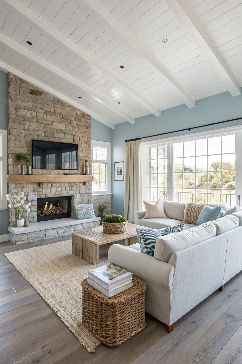 Light blue walls in a living room with a stone fireplace and light wood floors.