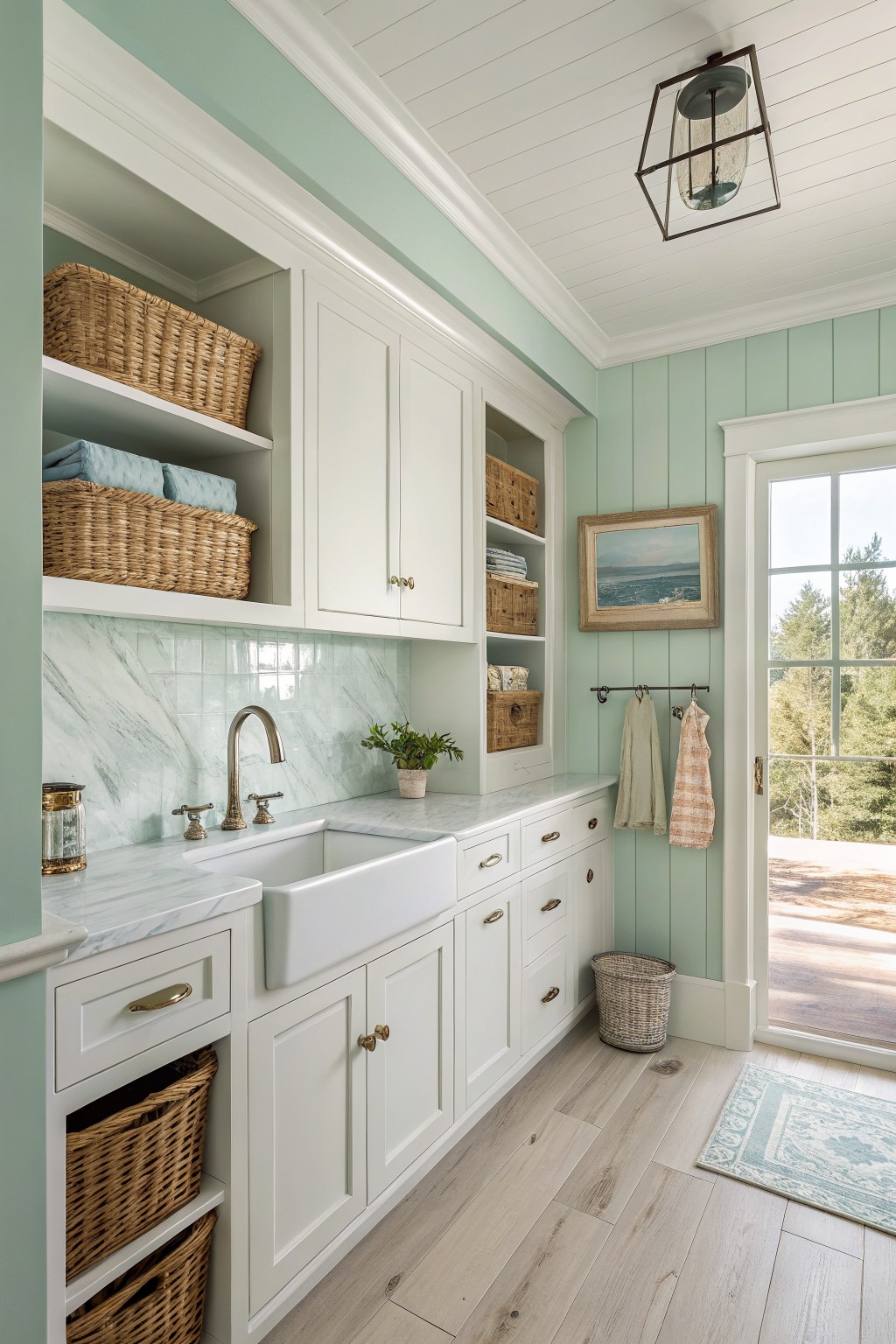 White cabinets, marble sink, woven baskets in mint green laundry room