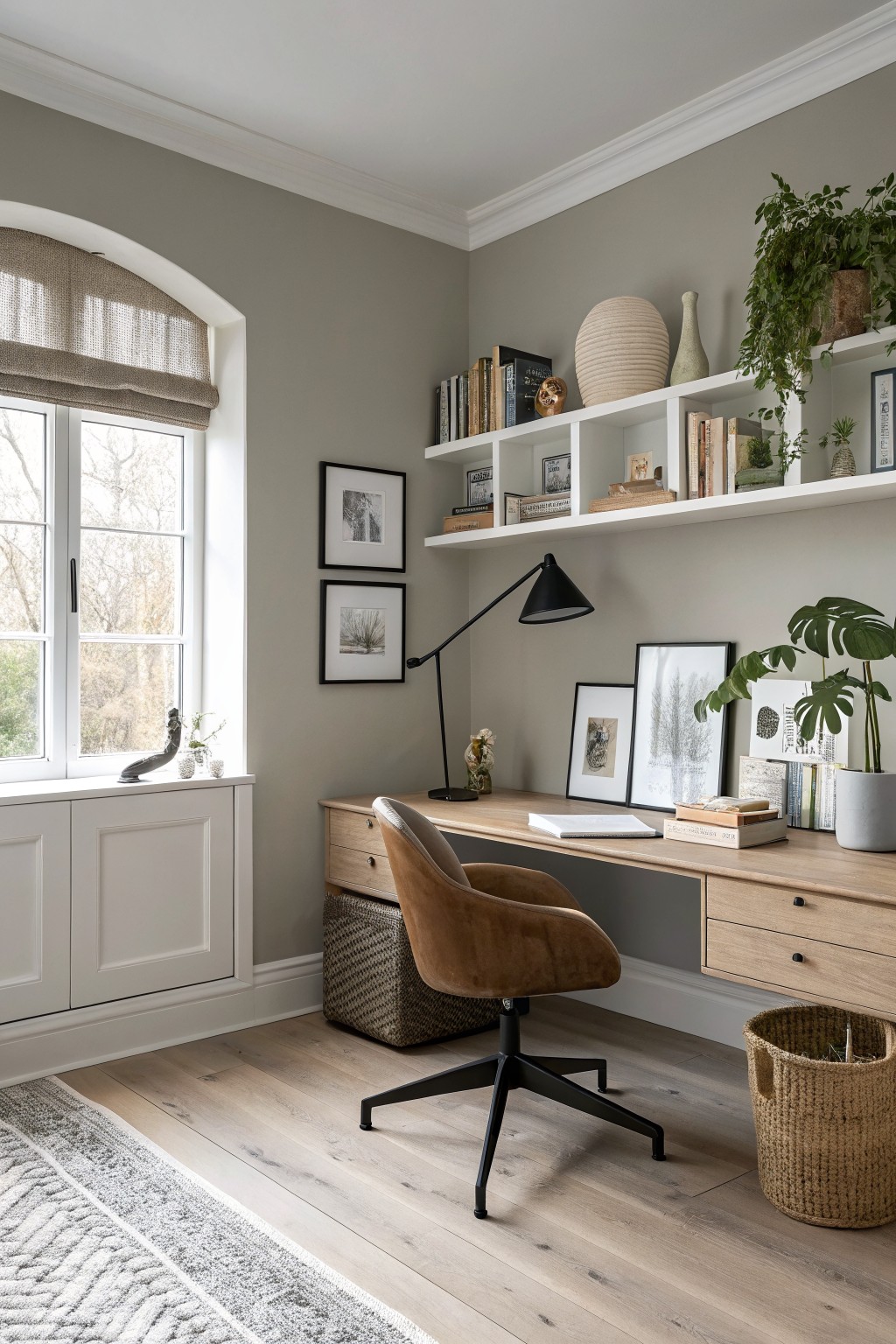 Light wood office with soft greige walls and white built-in shelves.