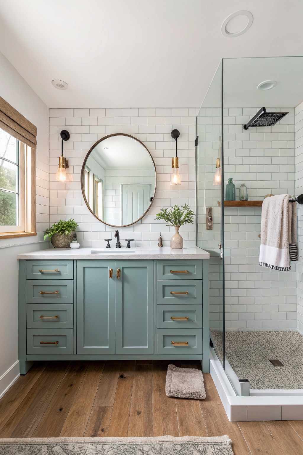 A bathroom vanity in soft sage green stands against white tile with light wood flooring.