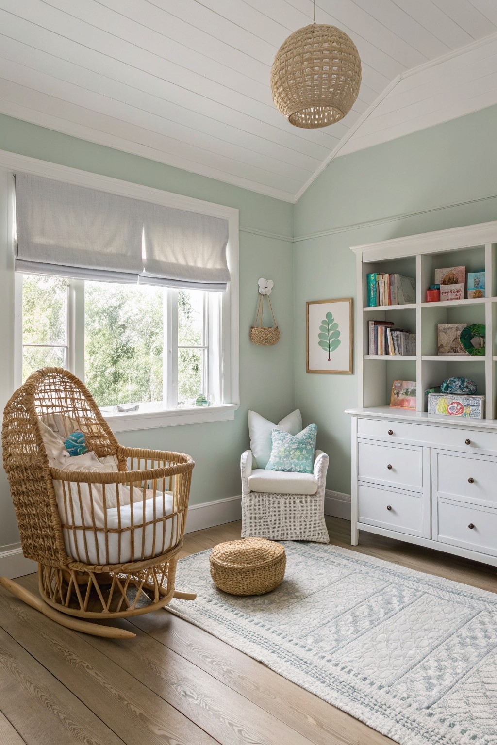 Light sage green walls paired with light wood floors in a simple interior room.