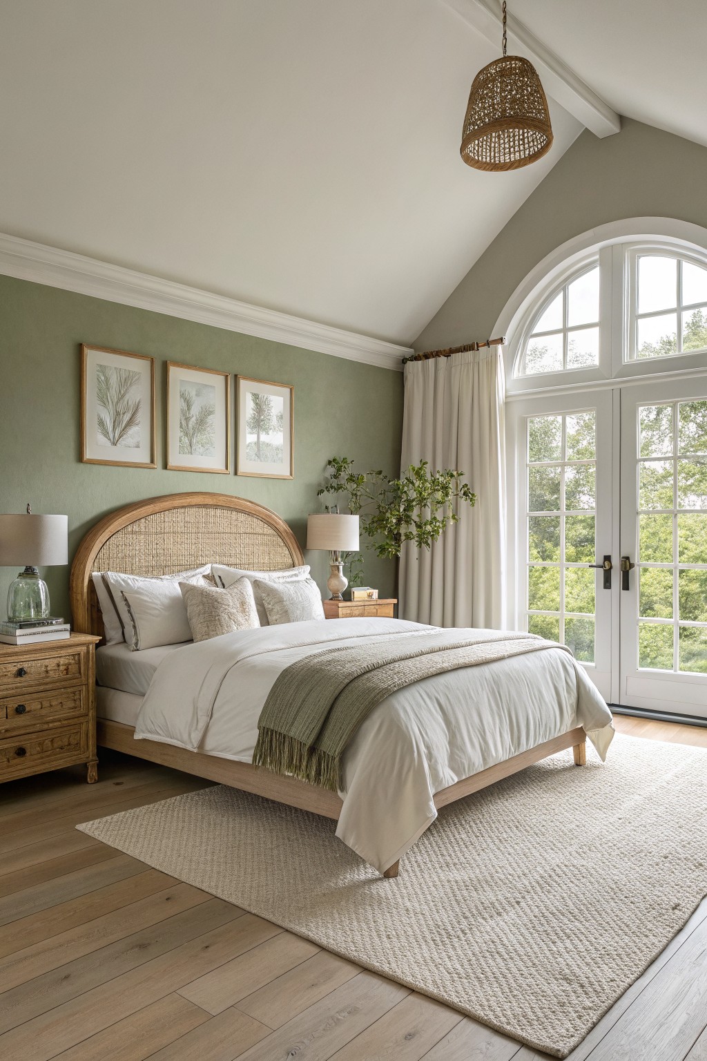 Serene bedroom with woven headboard, white bedding, sage walls, and arched windows.