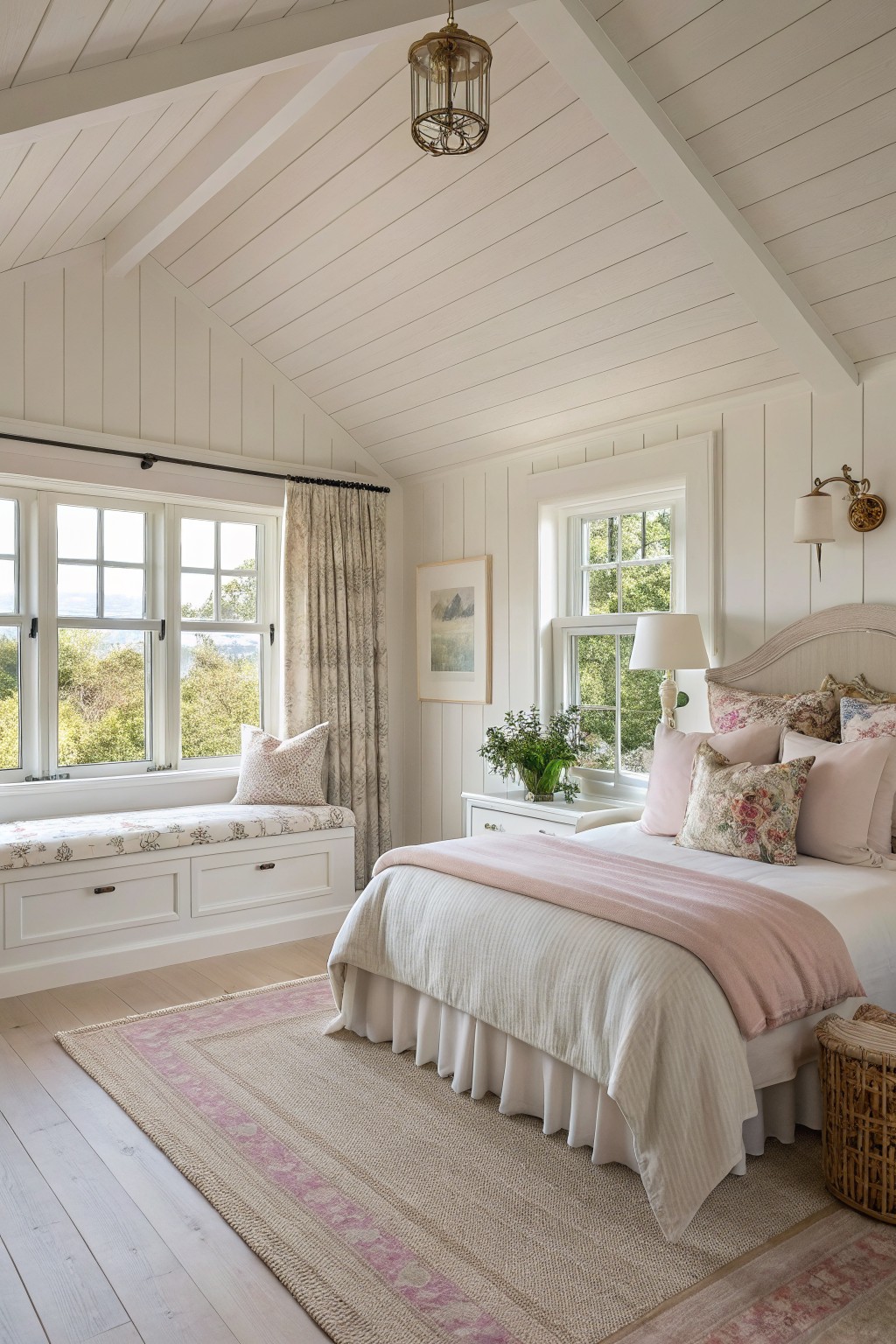 White walls and trim in a bedroom with light wood floors.