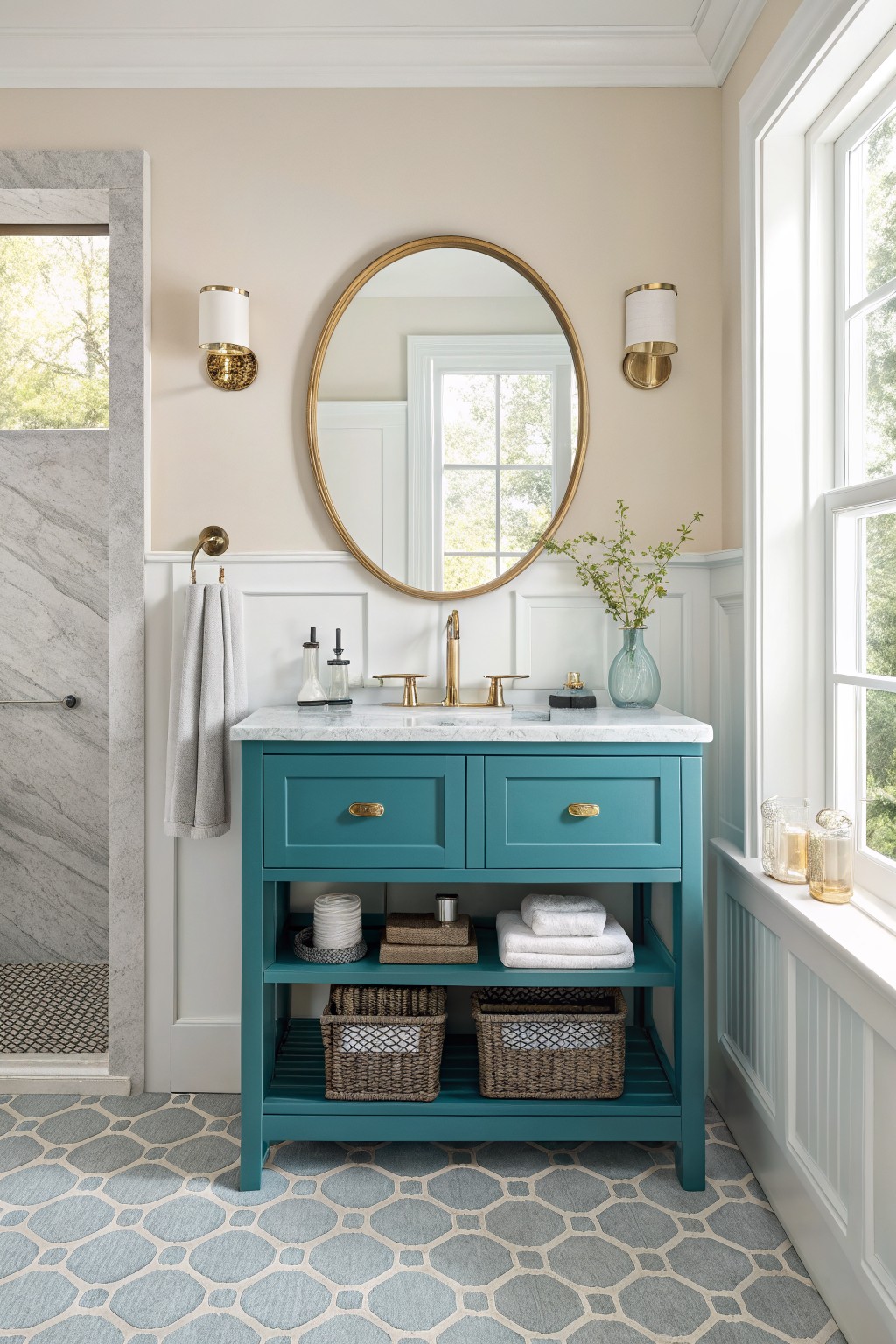 Teal vanity with marble top, gold mirror, sconces, and woven storage baskets.