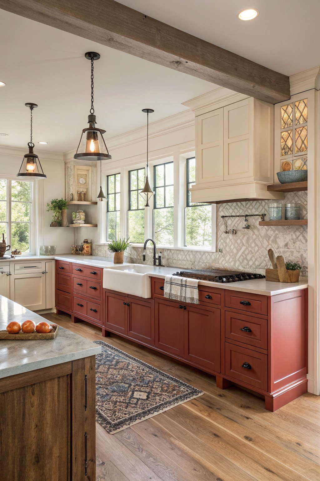Kitchen with warm cream upper cabinets above red lower cabinets and light wood floors.