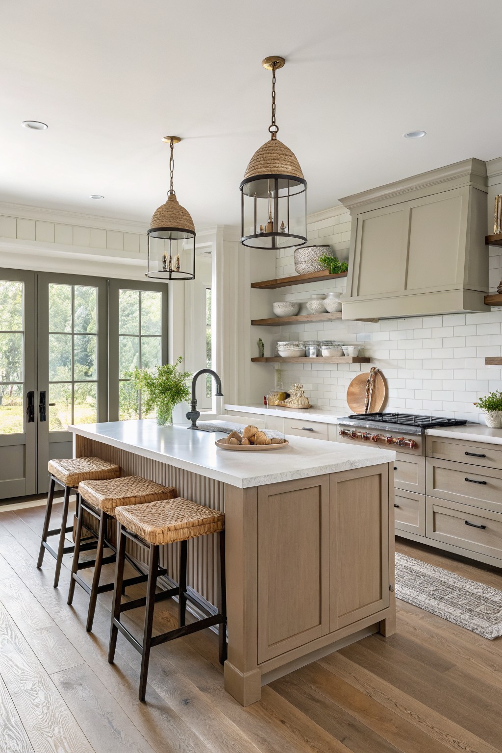 Kitchen island cabinets finished in a soft warm greige color.