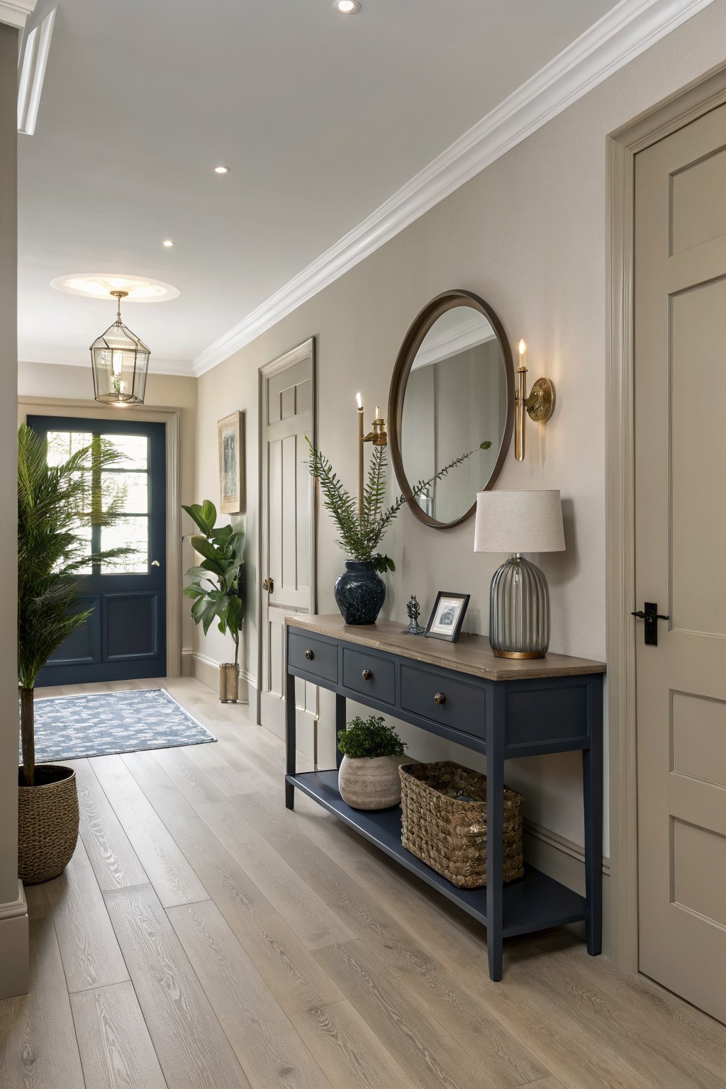A hallway with warm greige walls and light wood floors.