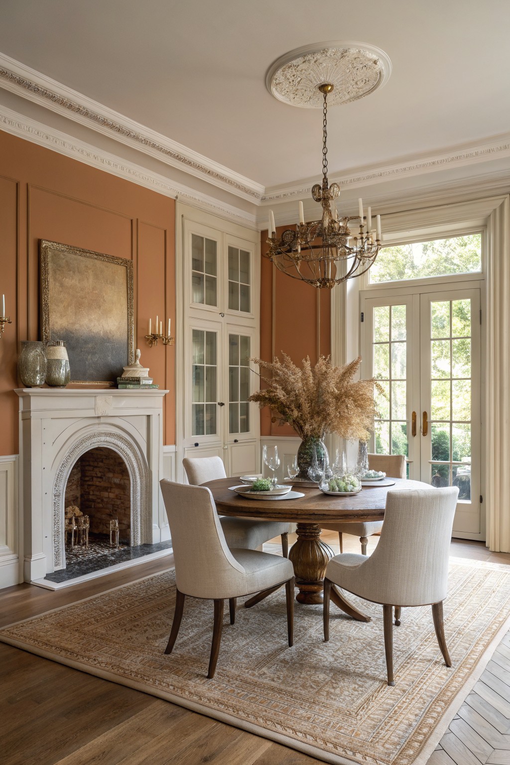 A dining room with warm terracotta walls and light wood flooring.
