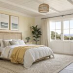 A bedroom with soft pale yellow walls and natural light from a window.