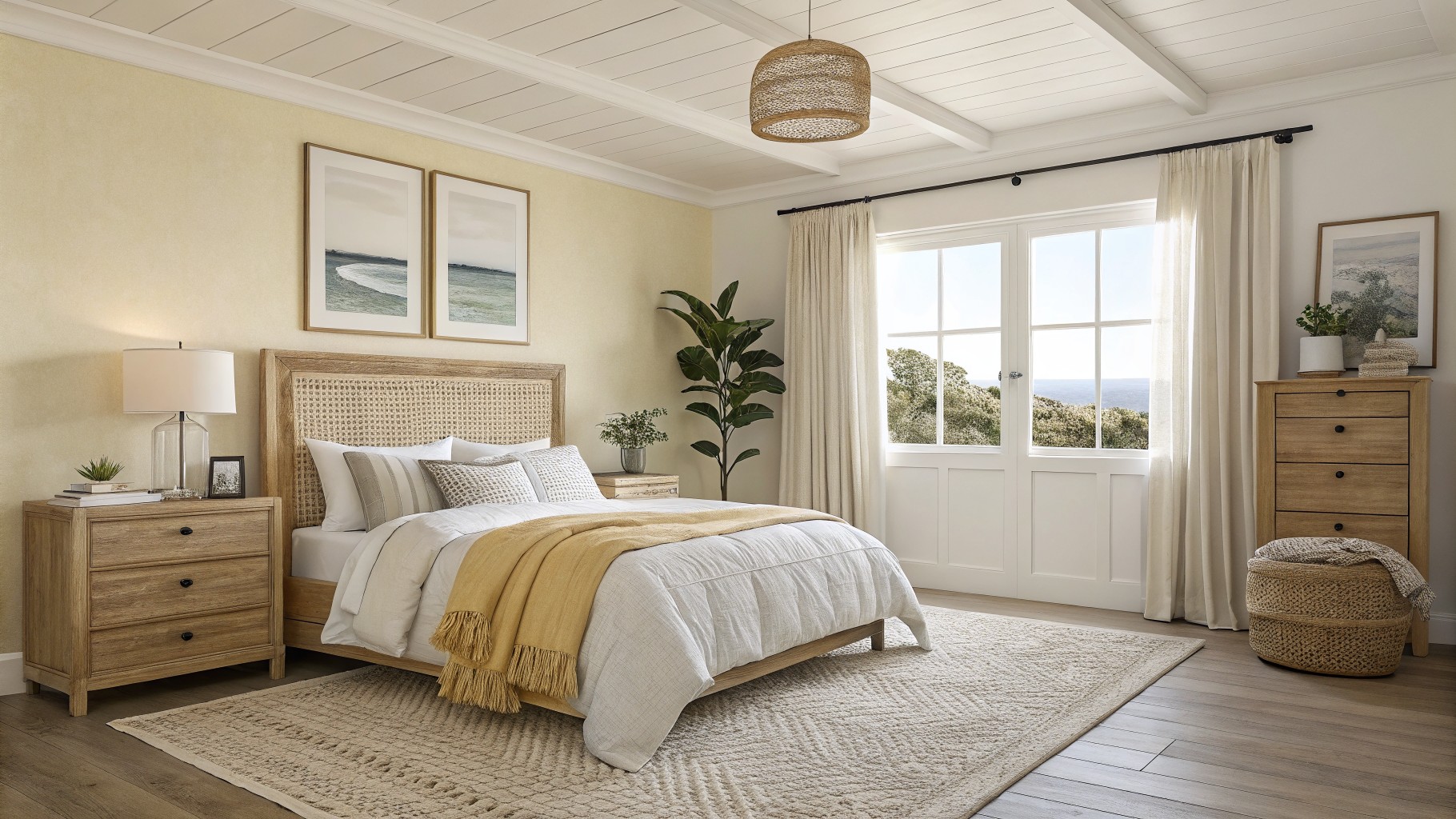 A bedroom with soft pale yellow walls and natural light from a window.