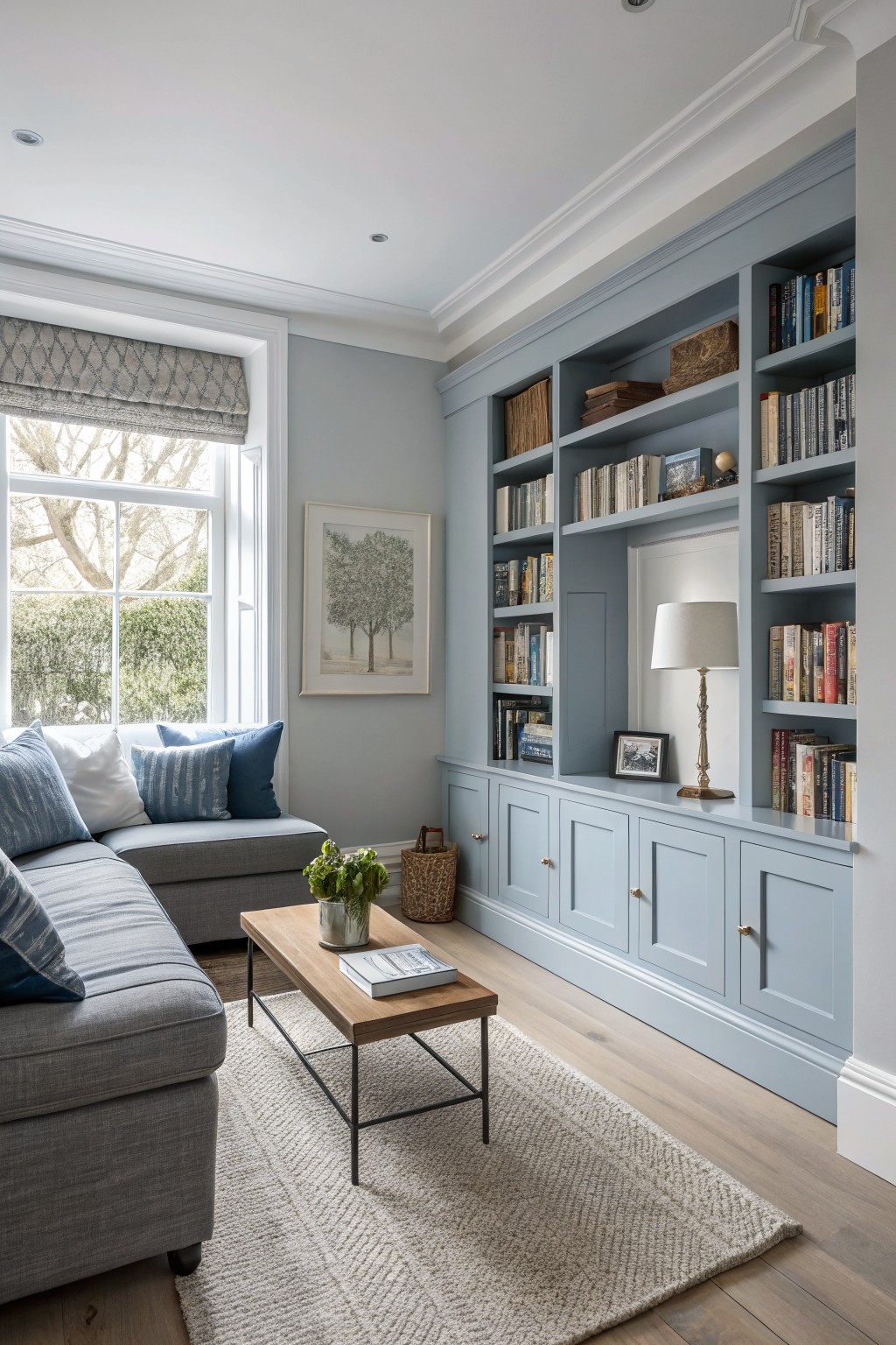 Built-in bookshelves and cabinetry painted in a soft blue gray inside a living room.
