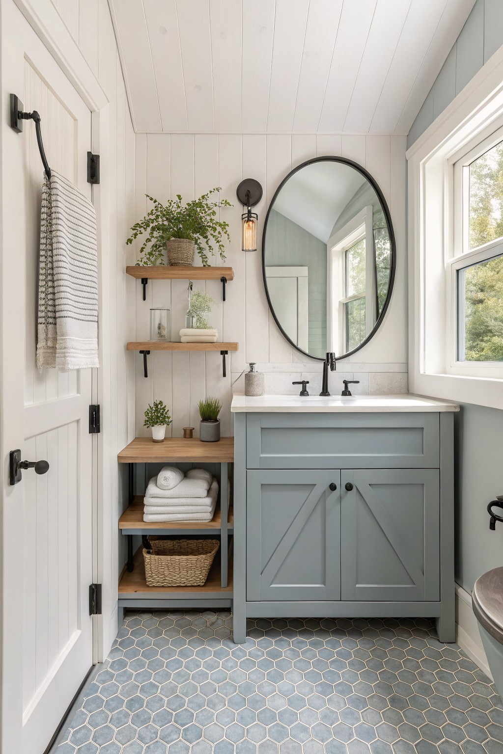 Modern farmhouse bathroom with gray vanity, round mirror, wooden shelves, and blue hex tiles.