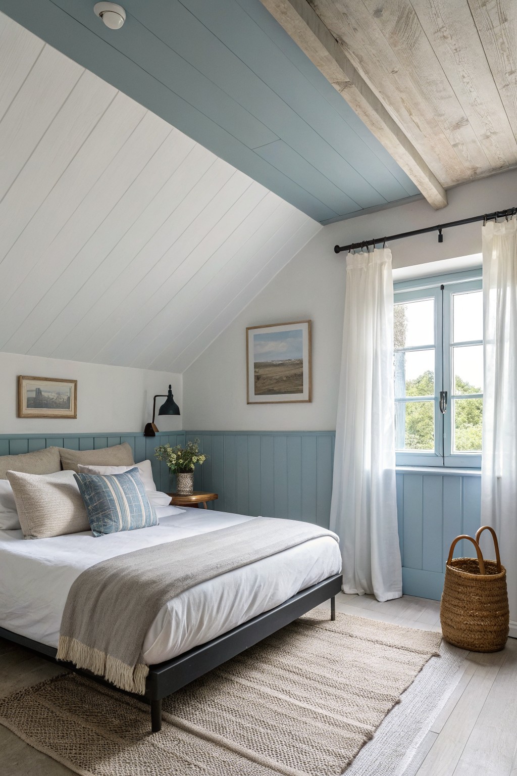 A bedroom with soft blue painted wainscoting and ceiling.
