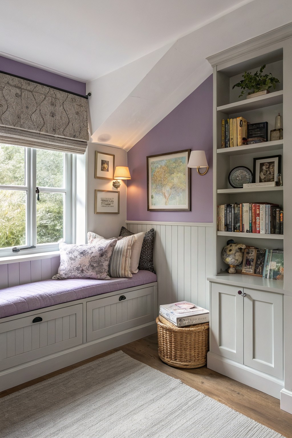 Pale lavender walls in a small window nook with white wainscoting.